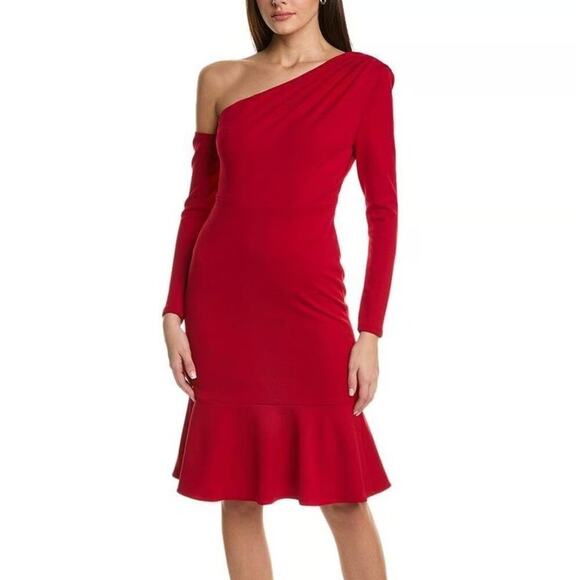 Laundry by Shelli Segal Dress Asymmetrical Neck Long Sleeve Flounce Midi Red 4 - Picture 1 of 9